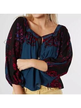 Free People Wild Memories Peasant Top Blue XS
